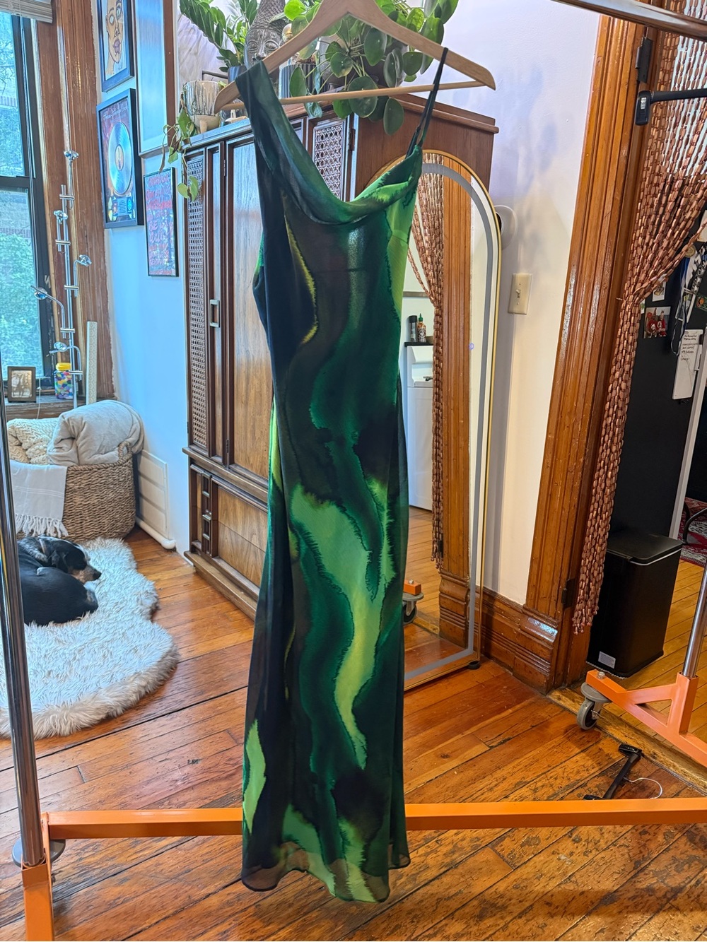 Topshop Green Black Abstract Chiffon Cowl Back Maxi Dress US 4 Y2K